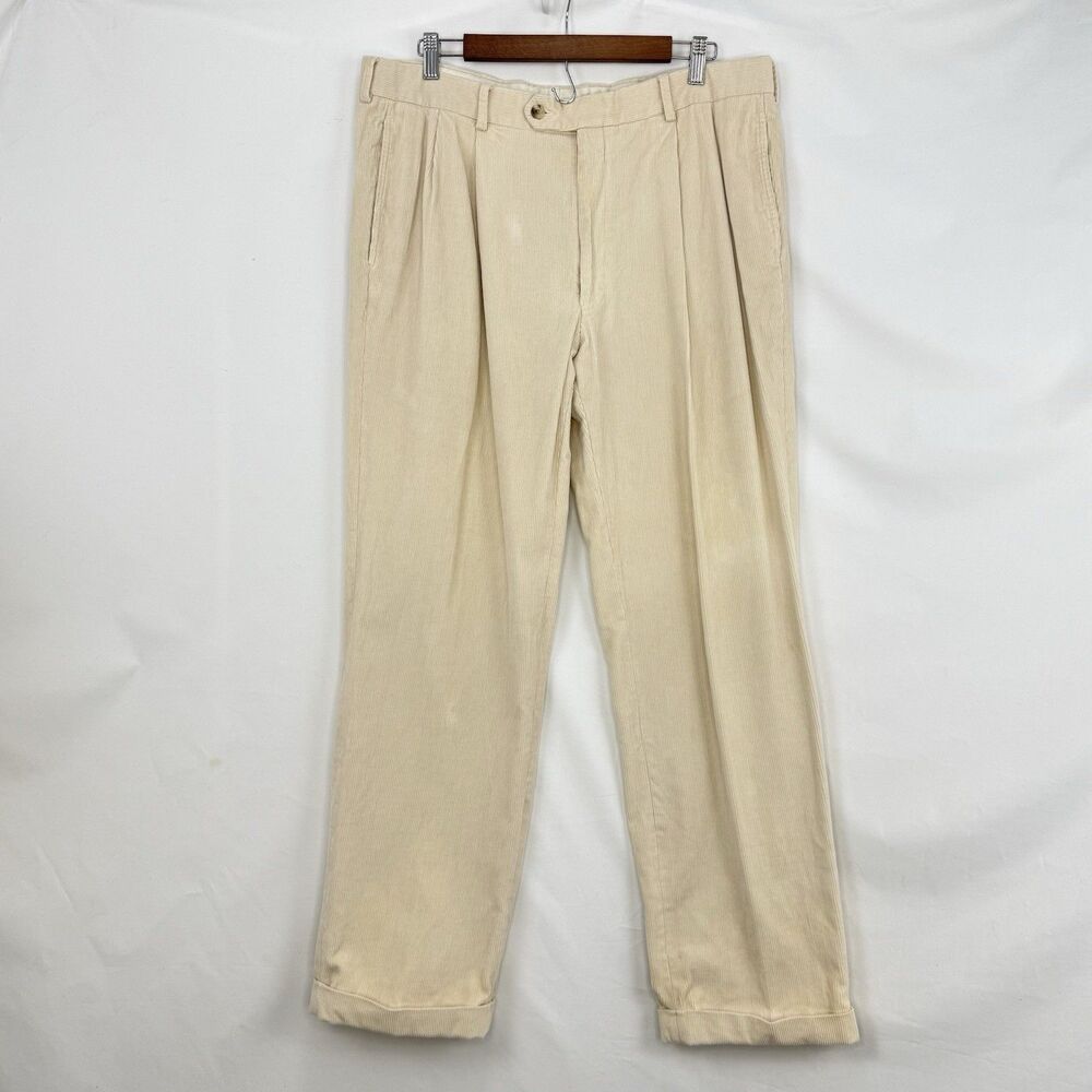 VTG Jos. A. Bank Mens Pants Beige Corduroy Straight Cuffed Pleat Chinos Size 35 - Picture 2 of 15